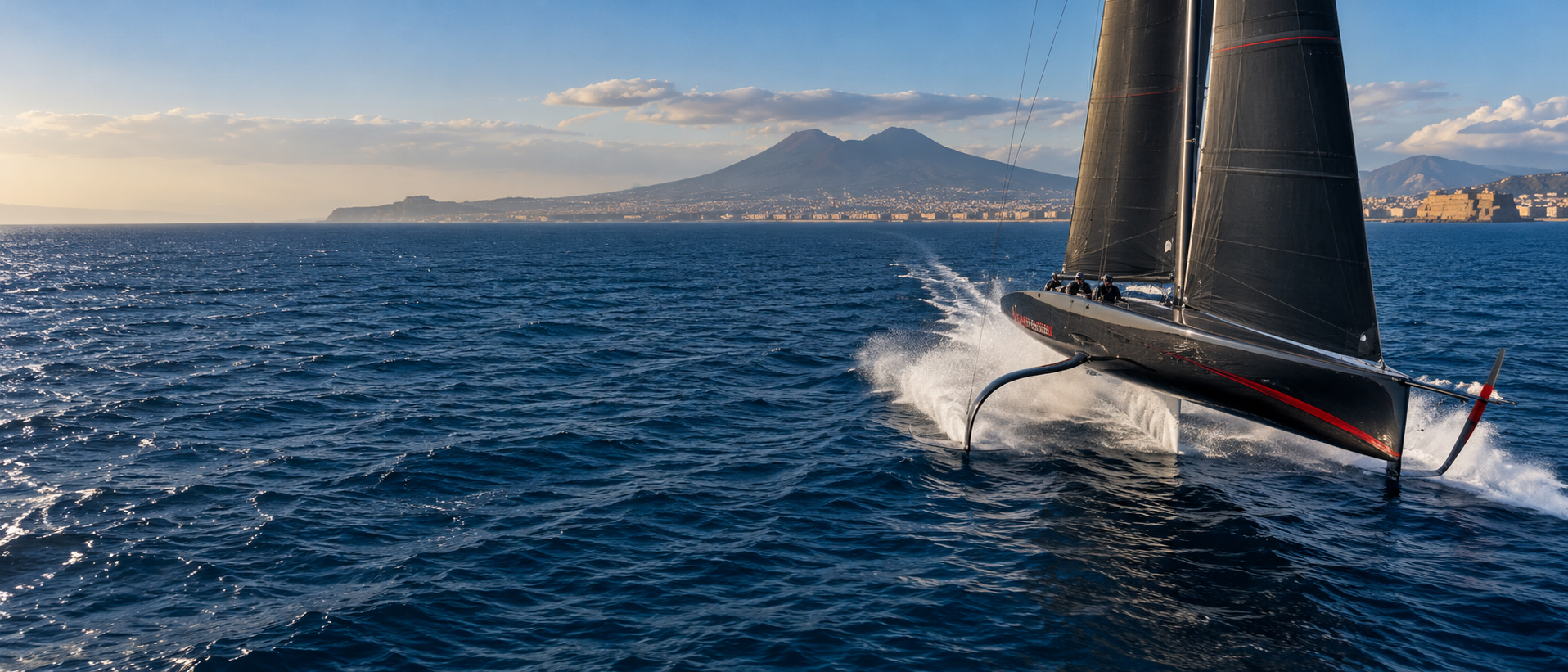 Interpretazione visiva AI di una barca da regata con foil nel Golfo di Napoli
